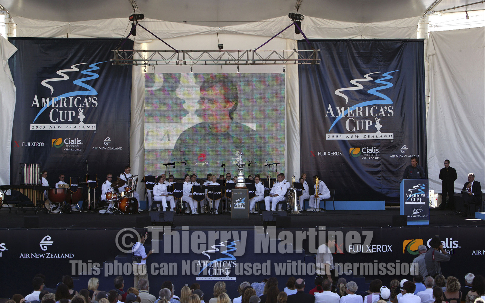 03_1489D ©Th.Martinez. Auckland-New Zealand. America's Cup 2003. 3rd March 2003. .America's Cup prizegiving. Alinghi Team winner of America's Cup 2003. Ernesto Bertarelli (Alinghi's President and Navigator ) on stage...