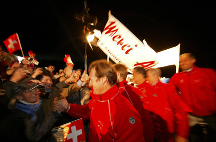 03_2247D ©Th.Martinez. Geneva , Switzerland. America's Cup 2003. 8th March 2003.Alinghi Team winner of America's Cup 2003..Welcome to Alinghi Team at La Rotonde in Geneva...