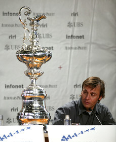 03_2223D ©Th.Martinez Team .Geneva , Switzerland. America's Cup 2003. 8th March 2003.Alinghi Team winner of America's Cup 2003, .Geneva Welcome press conference in Genava Airport. Ernesto Bertarelli (Alinghi's President and navigator) next to Teh America's Cup...