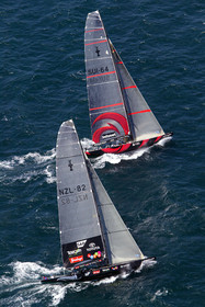 03_0891D © Th.Martinez. Auckland   New Zealand. 15 02 03 America's Cup Day 1.Alinghi (SUI64) vs Team New Zealand (NZL82) First upwind leg, few minutes after the start.