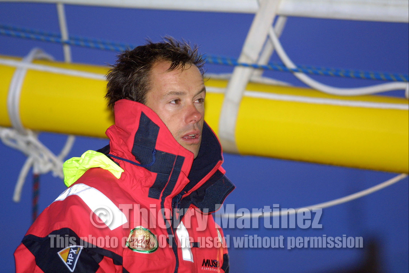 ©Th.Martinez. Vendee Globe Finish. les Sables d'Olonne (FRA) 23th february 2001. 07h15 (local time).Thomas Coville (FRA) SODEBO finishing 6th in single handed round the world race, in 105days 7h 24mn..Thomas had crossed the finish line at 23h35mn the day before.