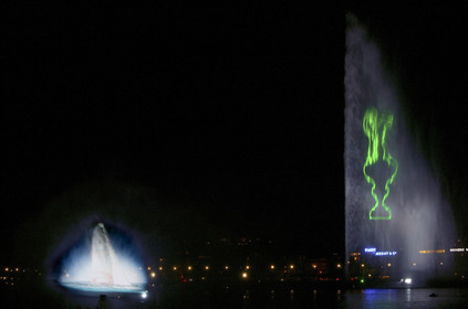 03_2262D ©Th.Martinez .Geneva , Switzerland. America's Cup 2003. 8th March 2003.Alinghi Team winner of America's Cup 2003..Welcome to Alinghi Team in Geneva.Firework and laser show by the lac...