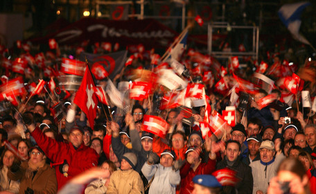 03_2258D ©Th.Martinez.Geneva , Switzerland. America's Cup 2003. 8th March 2003.Alinghi Team winner of America's Cup 2003..Welcome to Alinghi Team in Geneva.Alinghi supporters at La Rotonde...