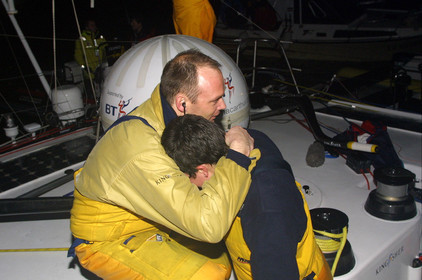 ©ThMartinez. Vendee Globe  finish. Sunday 11th February 2001..Ellen MacArthur (UK) KINGFISHER,24 yeras old celabrate her second place in Single hahnded race the world. Celebrate